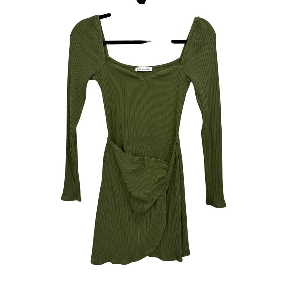 Reformation Ribbed Wrap Mini Dress S Green Cottagecore Fall Casual Goblincore